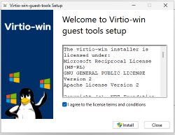 Démarrage de l'installation de Virtio-win