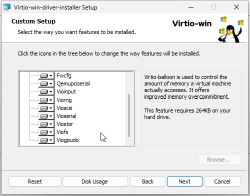 Phase de personnalisation de l'installation de Virtio-win