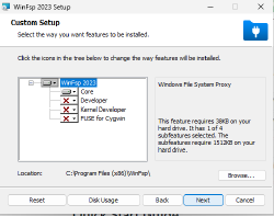 Phase de personnalisation de l'installation de WinFSP