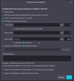 Paramètres réseau Proxy pour Firefox : menu Édition > Paramètres ; onglet 'Général' > Paramètres réseaux ; bouton [ Paramètres ], puis choix de 'Configuration manuelle du proxy' > 'Hôte Socks', remplir : '127.0.0.1', puis 'Port', remplir : '9050' ; validez par appui/click sur le bouton [ OK ]